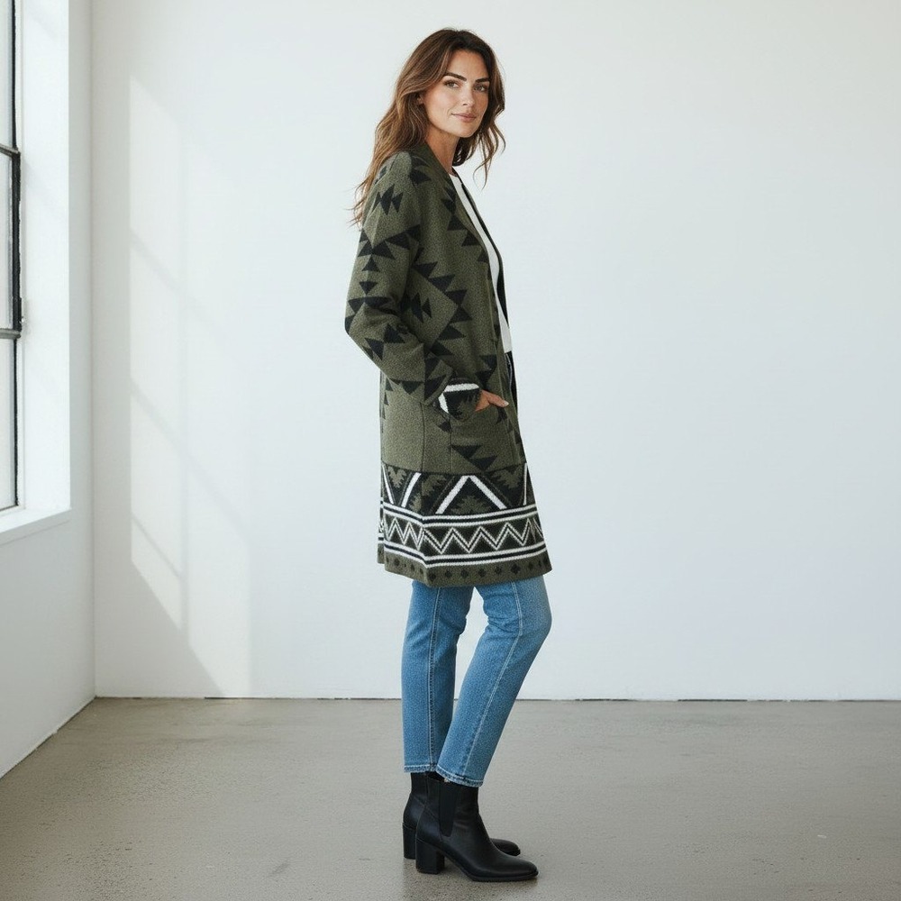 Frye Open Front Patterned Cardigan Sweater Women S Olive Green Aztec Tribal Boho
